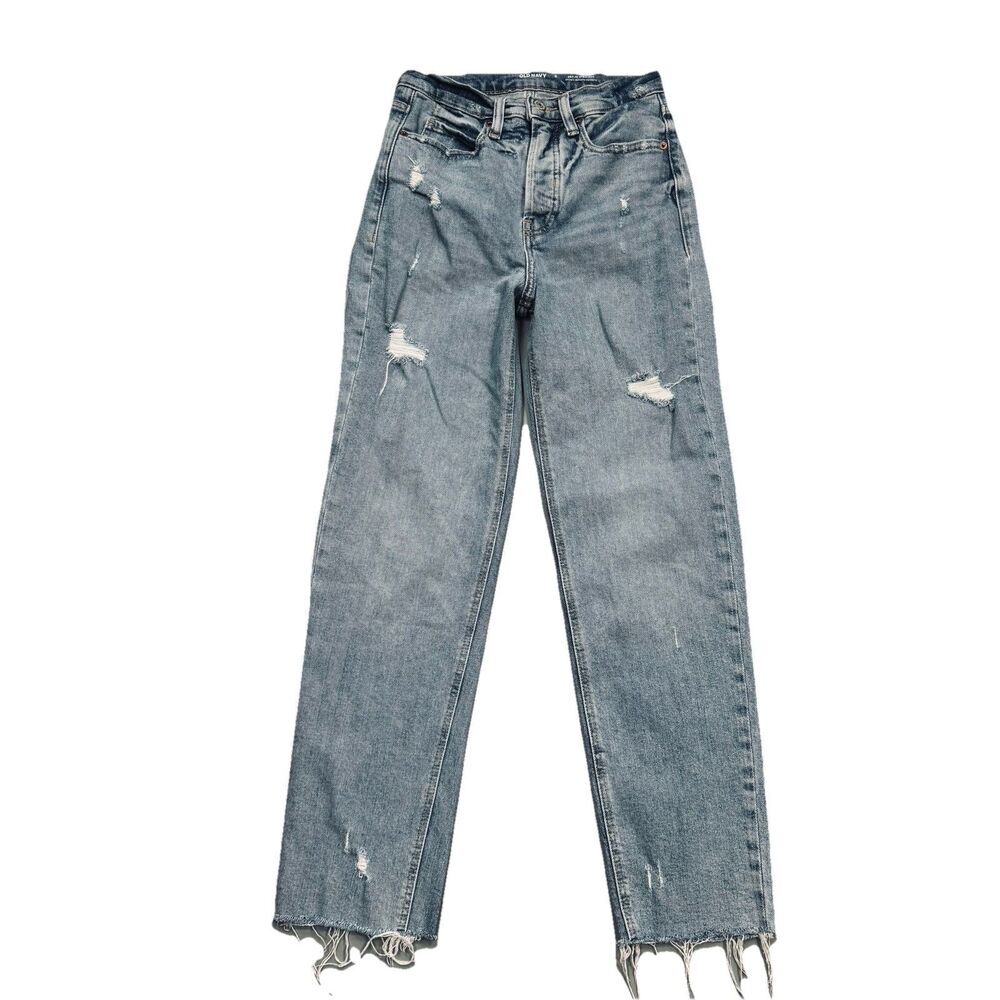 Old Navy Sky Hi Straight Jeans 0 (24x27.5) Blue Distressed Button Fly Womens